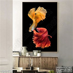 Tranh cá sim betta vẩy đuôi xinh đẹp dưới hồ in dán tường