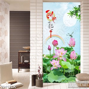 Tranh sơn dầu  hồ hoa sen khoe sắc bên ánh cầu vồng