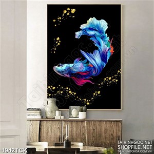 Tranh chú cá sim betta màu xanh trong hồ nước in canvas