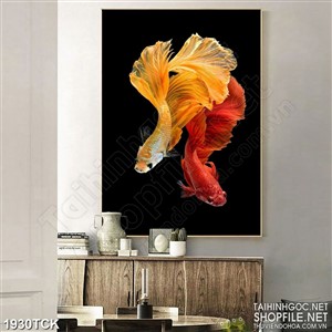Tranh đôi cá sim betta vàng khi màn đêm xuống decor