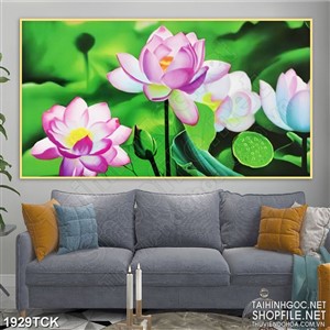 Tranh sơn dầu hoa sen bên màu xanh của lá in treo tường