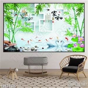 Tranh in 3d sơn dầu cá chép nhảy tung tăng trên mặt hồ