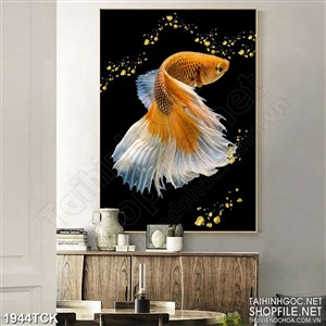 Tranh psd cá sim betta vàng với chiếc đuôi trắng mướt