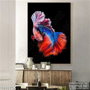 Tranh đôi cá sim betta sặc sỡ trong màn nước đêm decor