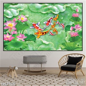 Tranh sơn dầu cá koi trong hồ sen giả thanh ngọc psd