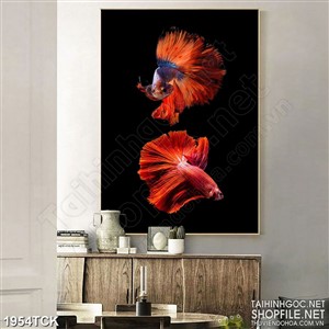 Tranh decor đôi cá sim betta vàng dưới hồ trong màn đêm