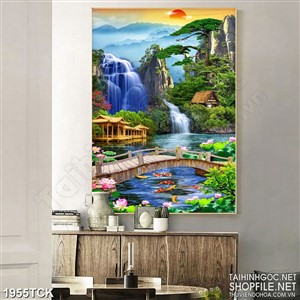 Tranh phong cảnh quanh hồ cá chép vàng sơn dầu trang trí Tranh phong cảnh quanh hồ cá chép vàng sơn dầu trang trí