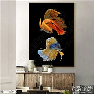 Tranh đôi cá sim betta quẩy đuôi dài trong hồ in dán tường