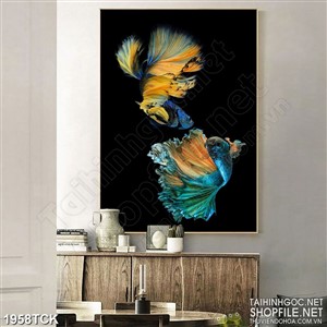 Tranh đôi cá sim betta xinh đẹp trong hồ nước in canvas