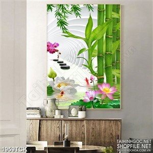 Tranh 3d sơn dầu cá chép nhảy trên mặt hồ hoa sen trắng