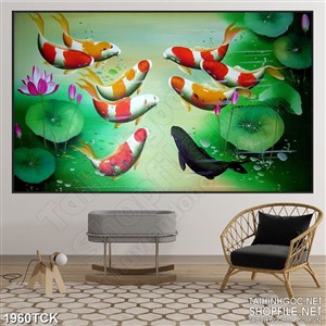 Tranh psd sơn dầu cá koi bên những chiếc lá sen xanh