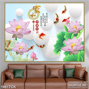 Tranh những bông sen bên đàn cá chép in treo tường