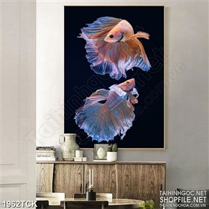 Tranh sơn dầu đôi cá sim betta xinh đẹp dưới lòng hồ decor