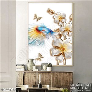 Tranh trang trí cá chép khoe đuôi dài bên hoa dáp vàng