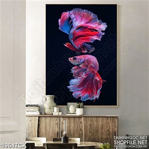 Tranh sơn dầu đôi cá sim betta quẩy đuôi xinh đẹp in dán tường