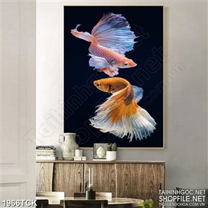 Tranh đôi cá sim betta bơi lượn trong màn đêm in canvas