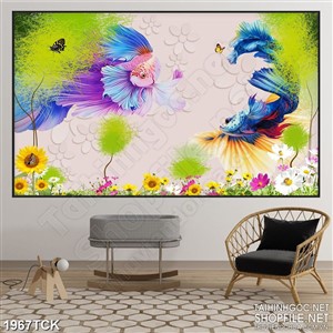 Tranh sơn dầu đôi cá sim betta sặc sỡ trên rừng hoa dại in 3d