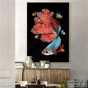 Tranh psd chiếc đuôi dài lộng lẫy của chú cá sim betta sơn dầu