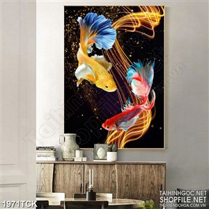 Tranh trang trí những luồng sáng vàng bên đôi cá sim betta