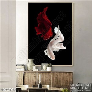 Tranh đôi cá sim betta trắng và đỏ trên nền màu đen in uv