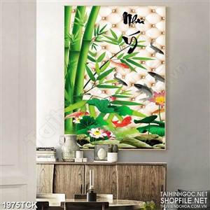 Tranh cây tre xanh trong hồ cá chép vàng sơn dầu in 3d