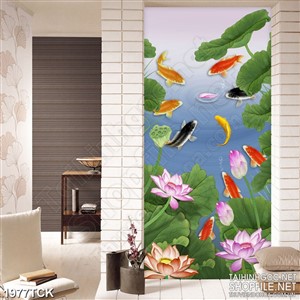 Tranh sơn dầu treo tường đàn cá chép bên cánh sen hồng