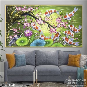 Tranh sơn dầu cá koi trong hồ dưới gốc hoa đào trang trí