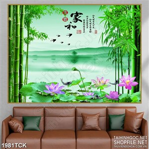 Tranh in uv khu rừng tre xanh bên hồ hoa sen sơn dầu