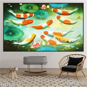 Tranh sơn dầu cá koi dưới hồ hoa sen in canvas