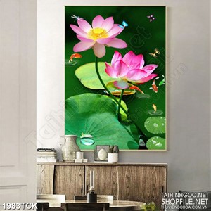 Tranh in 3d bông sen hồng trong hồ cá chép sơn dầu