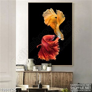 Tranh psd đôi cá sim betta quẩy đuôi xinh đẹp trên nền đen