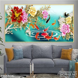 Tranh rừng hoa mẫu đơn trên hồ cá chép sơn dầu