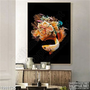Tranh decor chú cá sim betta vàng quẩy đuôi bên đàn cá nhỏ Tranh decor chú cá sim betta vàng quẩy đuôi bên đàn cá nhỏ