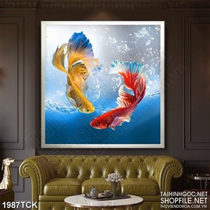 Tranh sơn dầu cá sim betta trong dòng nước trong trang trí