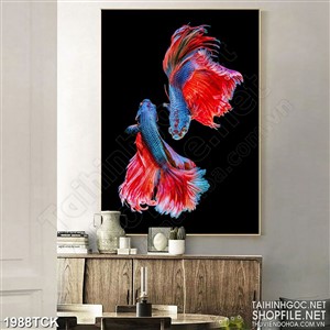 Tranh đôi cá sim betta đuôi đỏ trên nền màu tối dán tường
