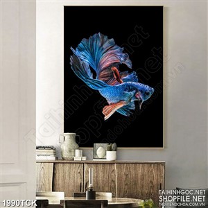 Tranh chú cá sim betta xanh vẩy đuôi trên đêm tối in canvas