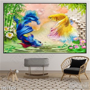 Tranh in 3d đôi cá sim betta quẩy đuôi trên mặt hồ sen