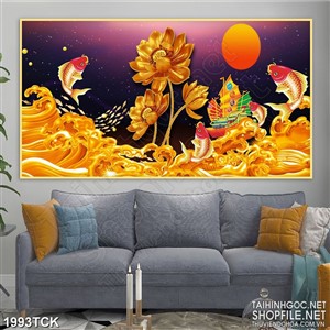 Tranh cá chép bên những bông sen vàng in treo tường