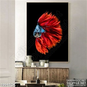 Tranh decor sơn dầu cá sim betta có chiếc đuôi đỏ khổng lồ