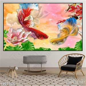 Tranh sơn dầu đôi cá sim betta quẩy đôi trong hồ giả ngọc
