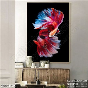 Tranh decor sơn dầu cặp cá sim betta với chiếc đuôi xinh đẹp