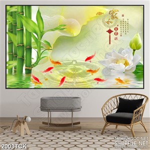 Tranh trang trí đàn cá chép bên đóa sen trắng tinh khiết