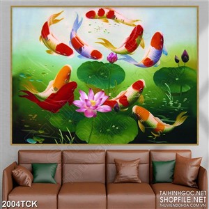 Tranh sơn dầu cá koi trong hồ sen xanh biếc in dán tường