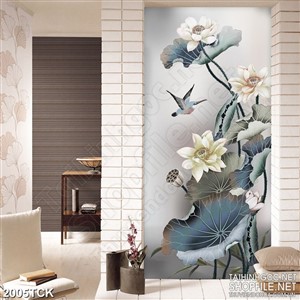 Tranh in uv chú chim nhỏ bay lượn bên đóa sen trắng