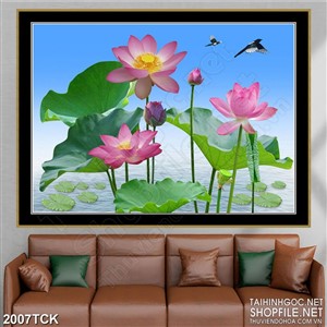 Tranh in 3d chú chim nhỏ trên bông sen hồng sơn dầu