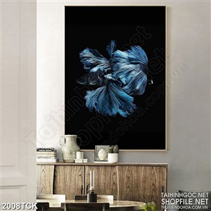 Tranh sơn dầu psd cặp cá sim betta màu xanh trong màn đêm