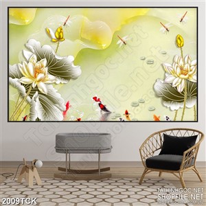 Tranh bông sen vàng bên đàn cá chép in treo tường Tranh bông sen vàng bên đàn cá chép in treo tường