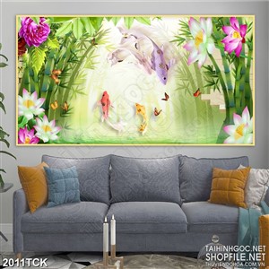 Tranh sơn dầu cá sim betta trong khu rừng trúc xanh trang trí