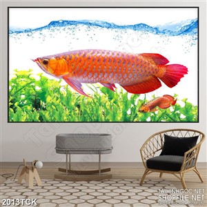 Tranh in uv cá chép vàng dưới đáy sông đầy rông rêu