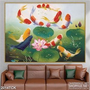 Tranh đàn cá koi tung tăng trong đầm hoa sen sơn dầu